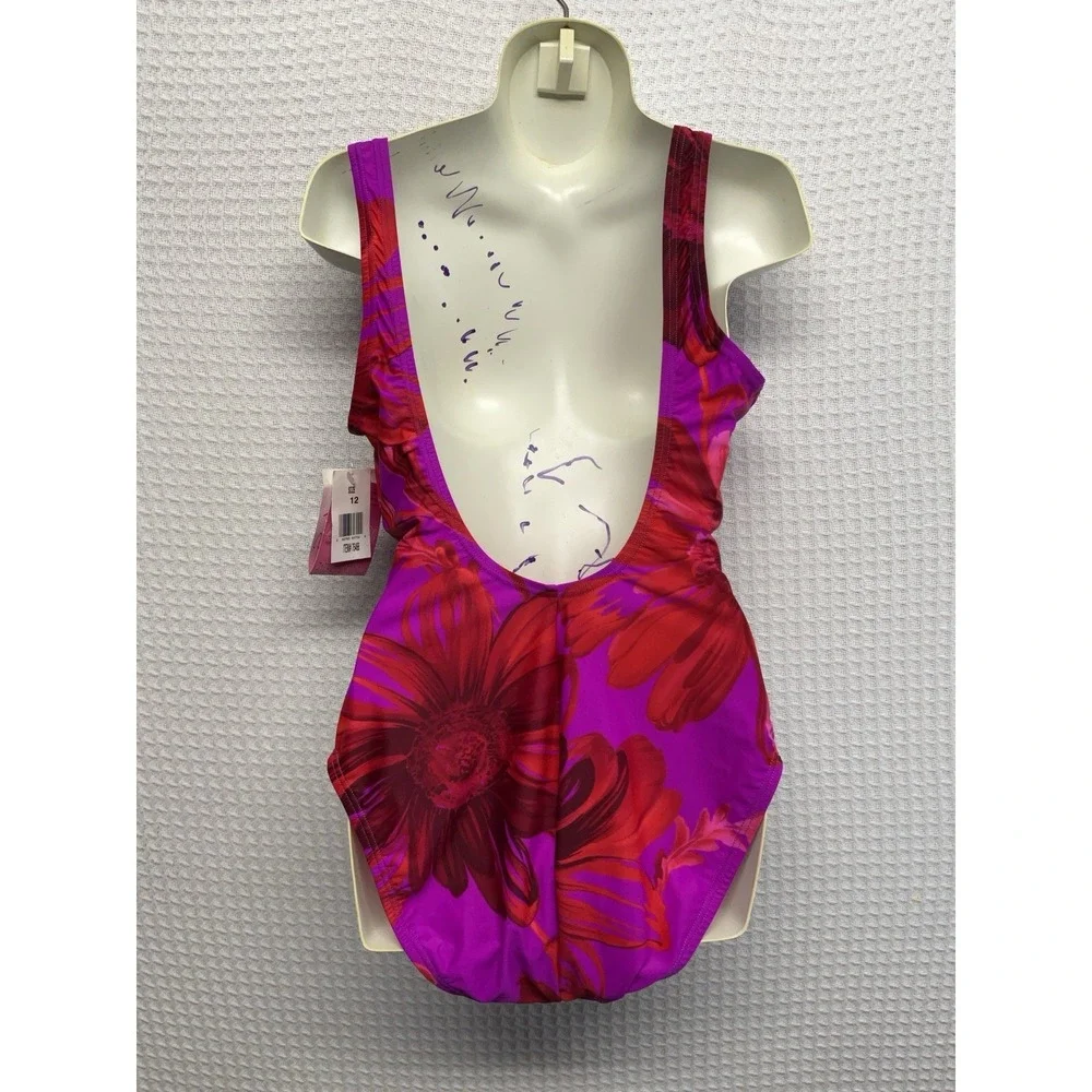 Speedo One Piece Swim Suit Womens Size 12 Fuchsia Tropical Floral Vacation Beach